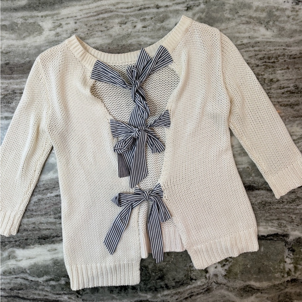 Paper Crown Cream Cardigan with Striped Bow Details